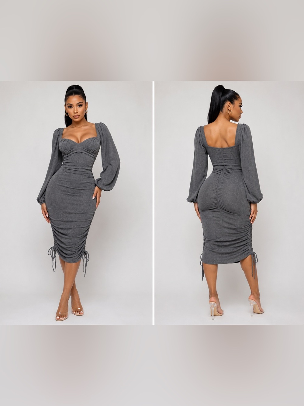 Square Neck Long Sleeve Ruched Midi Dress in Charcoal Gray